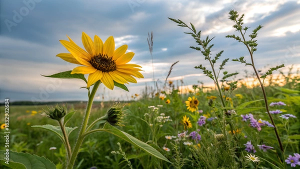Fototapeta Flower of decorative sunflower in the field. Nature background. Environmental preservation and planet care. Earth Day
