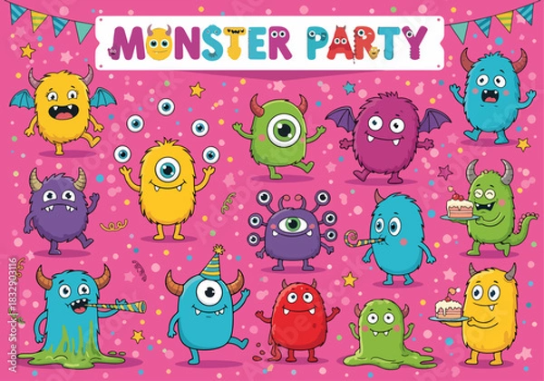 Fototapeta Monster party text vector design. Birthday celebration with cute, funny and smiling mascot creature. Vector illustration monster cartoon birthday decoration. 