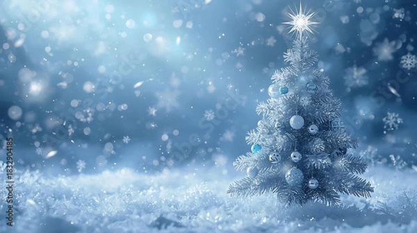 Fototapeta Sparkling Winter Fantasy: A Christmas tree glistens in a serene winter wonderland, embraced by falling snowflakes and a touch of magic.