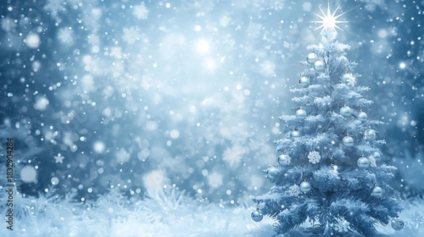 Fototapeta Winter Wonderland: A solitary Christmas tree stands adorned with sparkling ornaments in a dreamy, snow-covered landscape. Flakes gently cascade.