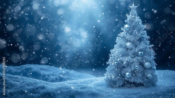 Fototapeta Winter Wonderland: A solitary Christmas tree stands adorned in the enchanting depths of a winter night, with gentle snowflakes in the air.