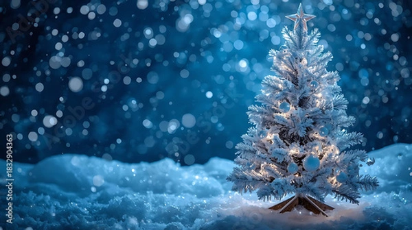 Fototapeta Winter's Embrace: A Christmas Tree Adorned in the heart of a snowy landscape, a Christmas tree shimmers with lights, and the gentle fall of snowflakes.
