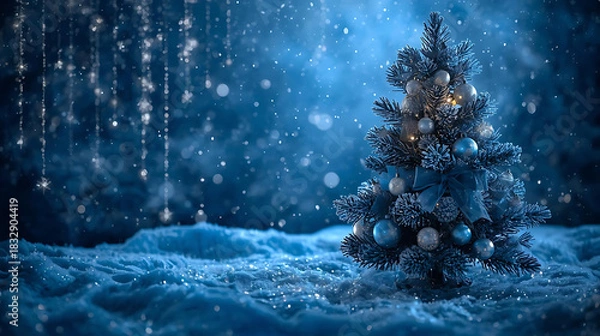 Fototapeta Winter Wonderland: A solitary decorated Christmas tree stands amidst a pristine, snowy landscape, creating a magical and serene winter atmosphere. 