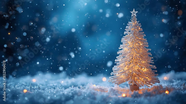 Fototapeta Festive Enchantment: A Christmas tree radiates warmth amidst a serene winter wonderland. This image evokes feelings of festive cheer, creating a magical atmosphere
