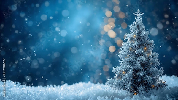 Fototapeta Winter Wonderland: Christmas tree adorned with shimmering ornaments, set against a backdrop of soft falling snow and twinkling lights, creating a serene and festive ambiance.