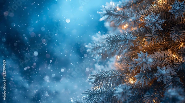 Fototapeta Winter Wonder: A close-up showcases a snow-covered pine branch, illuminated by festive lights against a softly blurred, wintery backdrop. Capturing the magical ambiance of the season.