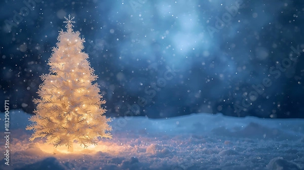 Fototapeta Festive Glow in Winter Wonderland: A brilliantly illuminated Christmas tree, standing majestic amidst a softly falling snow in a winter wonderland. A perfect capture of the holiday spirit.