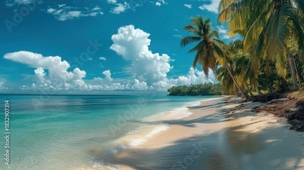 Fototapeta Panorama of a beautiful tropical beach with palm trees and blue sky