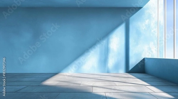 Fototapeta Cool blue abstract backdrop with sunlight and blurred shadows, perfect for product display.