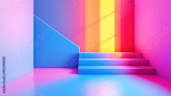 Fototapeta Abstract scene with stairs and neon light. 3d render illustration.