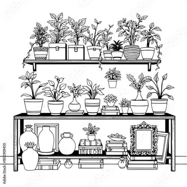 Fototapeta Detailed monochrome outline of various potted plants with intricate leaves and stems arranged on a multi-tiered shelving system made of dark wood, adorned with decorative boxes of different shapes and