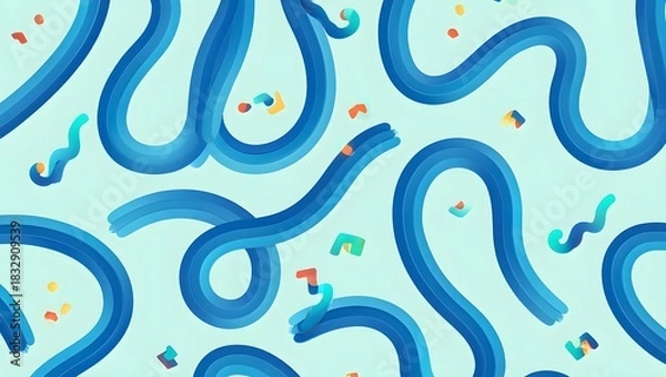 Obraz Abstract blue wavy lines and confetti pattern on light green background