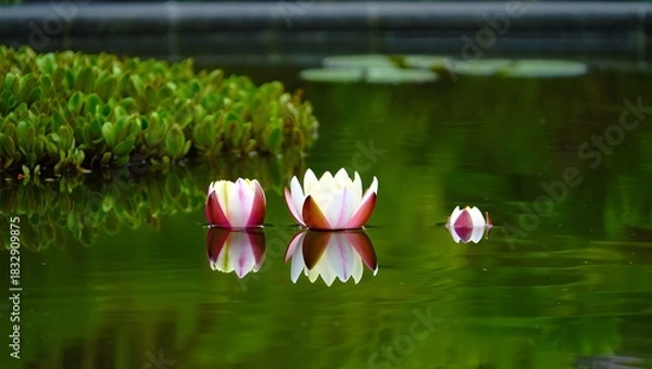 Obraz Three water lilies floating on a calm pond with green reflections