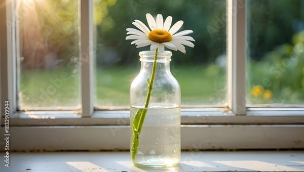 Obraz Single daisy in a clear glass bottle on a windowsill with soft light
