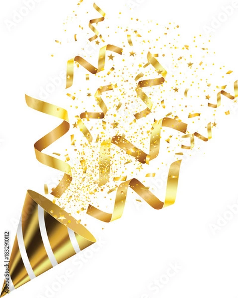 Fototapeta Golden confetti and party poppers isolated on a white background