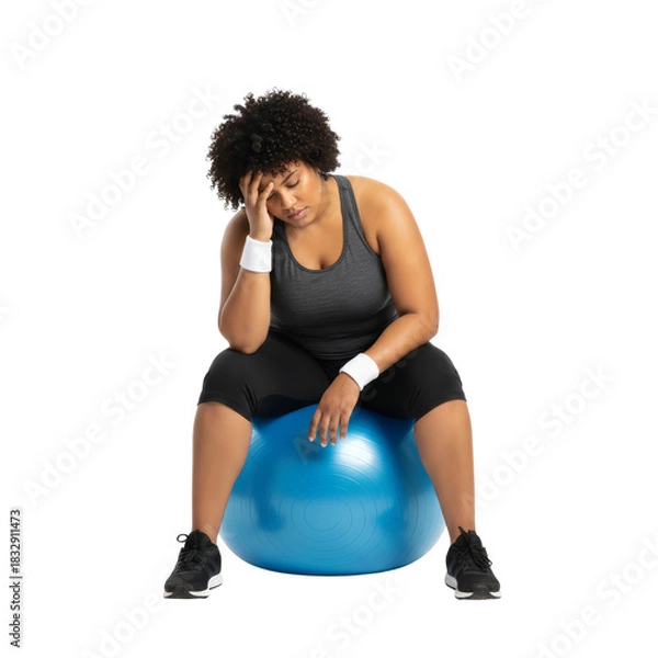 Fototapeta Exhausted woman resting after workout session isolated on transparent background