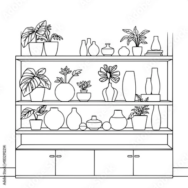 Fototapeta Clean symmetrical black-line drawing of a modern shelf with crisp lines and geometric shapes filled with various greenery such as monstera leaves and ferns and interior décor items like ceramic vases 