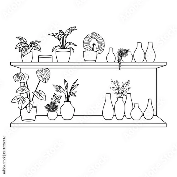 Fototapeta Clean symmetrical black-line drawing of a modern shelf with crisp lines and geometric shapes filled with various greenery such as monstera leaves and ferns and interior décor items like ceramic vases 