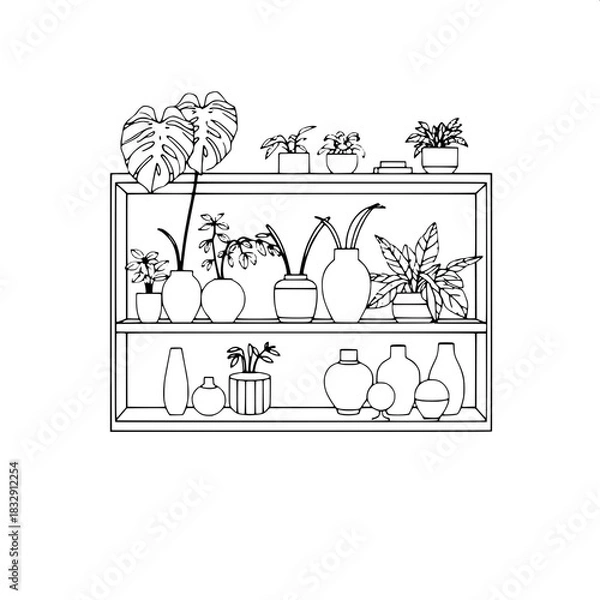 Fototapeta Clean symmetrical black-line drawing of a modern shelf with crisp lines and geometric shapes filled with various greenery such as monstera leaves and ferns and interior décor items like ceramic vases 