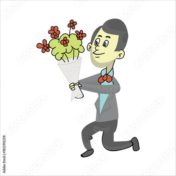 Obraz Vector illustration of a romantic groom in a grey suit kneeling down to propose, offering a bouquet of red flowers. Wedding proposal concept