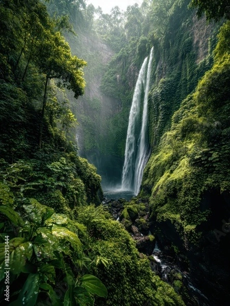Obraz Misty Veil - A Majestic Waterfall Cascades into a Lush, Emerald Rainforest Gorge.