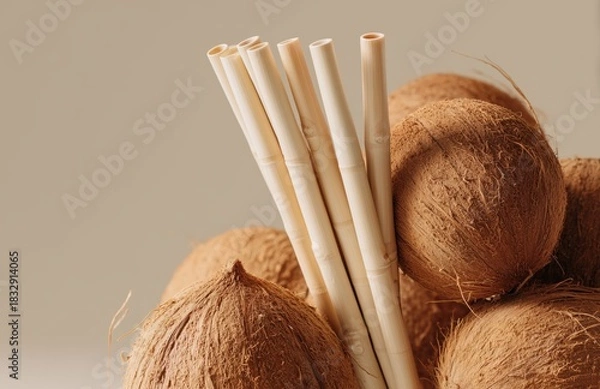 Fototapeta Eco coconut drinking straws with whole coconuts