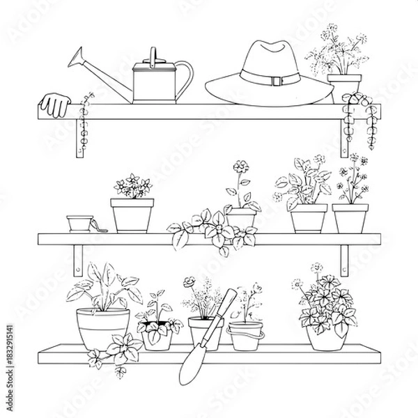 Fototapeta A delicate linear illustration of a charming home garden shelves scene, featuring a vintage metal watering can with a long spout, a pair of worn brown leather gloves, a small trowel with a wooden hand