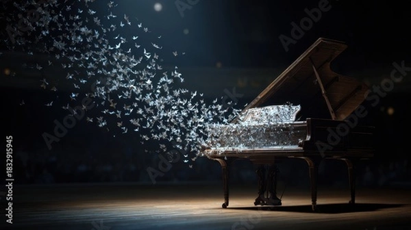 Obraz Ethereal Grand Piano Dissolving into Swarm of Dark Particles Under Dramatic Spotlight.