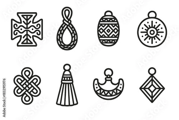 Fototapeta Cultural Ornament Icons. Cultural Motif Ornaments linear icon set: carved symbol, woven band loop, patterned bead, etched disc, textile knot, decorative tassel, crafted pendant