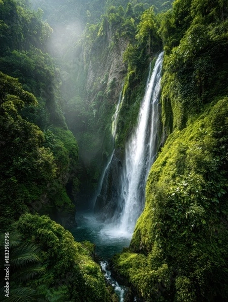 Obraz Majestic Waterfall Cascading Through Lush Green Jungle, Mist and Sunlight.