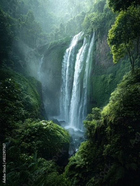 Obraz Majestic Waterfall Cascading Through Lush Green Forest, Misty Atmosphere.