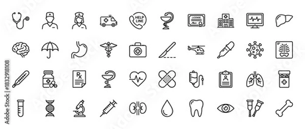 Fototapeta Medical healthcare line icon set. Vector pictograms of stethoscope, ambulance, hospital, brain, microscope, and syringe, thin linear illustration.