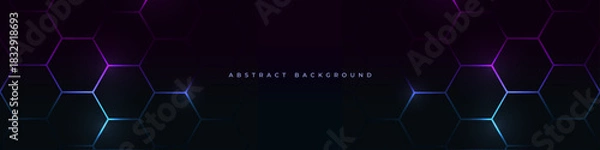 Obraz Hexagonal technology futuristic dark wide vector abstract background with blue and pink colored bright flashes under hexagon. Gaming honeycomb abstract banner design.