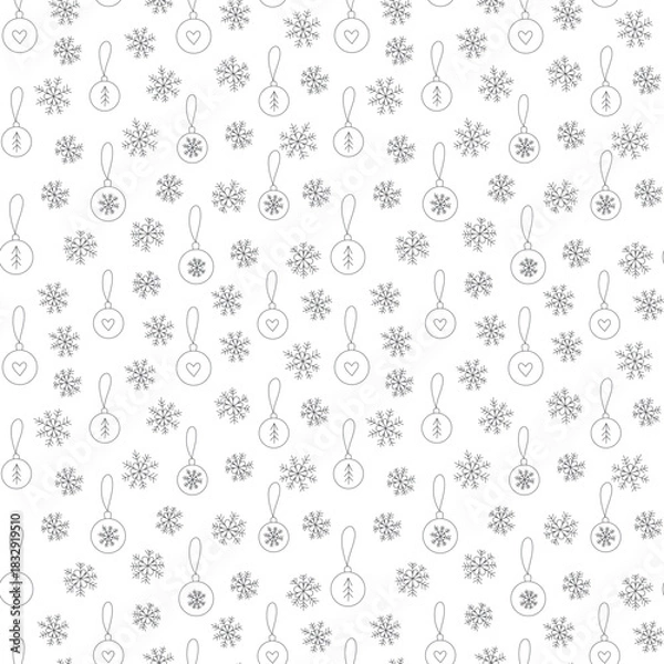 Fototapeta Winter pattern with hand drawn snowflakes and Christmas decorations, balls. Black and white doodle cute seamless background in vector. For fabrics, wrapping paper, packaging design and more.