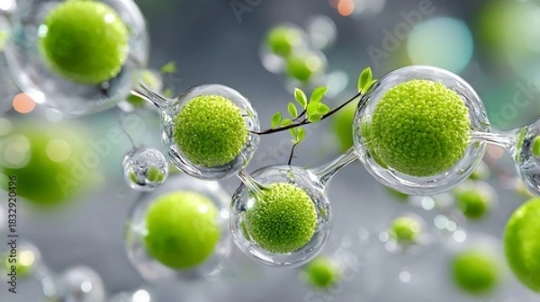 Obraz Interconnected Molecular Structure with Green Textured Spheres and Transparent Glass-Like Connections with Tiny Green Leaves, Representing Organic Chemistry with 4k Detail