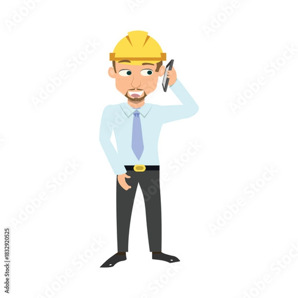 Obraz Cartoon architect or construction manager wearing a yellow hard hat and tie, talking on a smartphone. Business communication concept