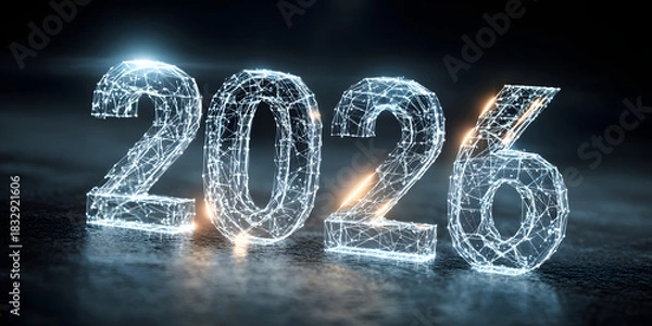 Obraz Futuristic glowing 2026 year in digital low poly style, innovation and tech future concept
