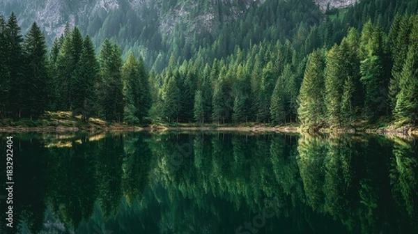 Obraz Symmetrical Reflection of a Lush Pine Forest on a Serene, Still Wilderness Lake.