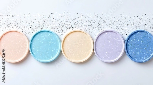 Fototapeta Overhead shot of five colorful plates arranged on a white background with scattered black dots. The plates are pastel colors.
