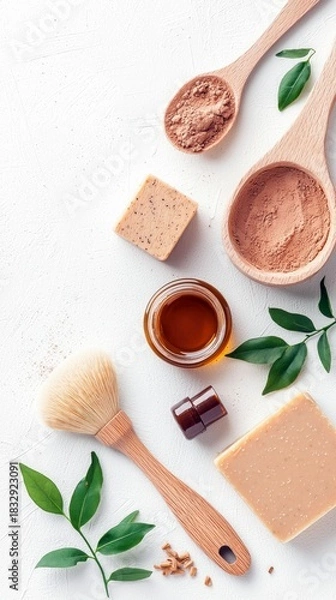 Fototapeta Overhead shot of various cosmetic products like soap, powder, brush, and oil on a white textured surface, surrounded by green leaves.