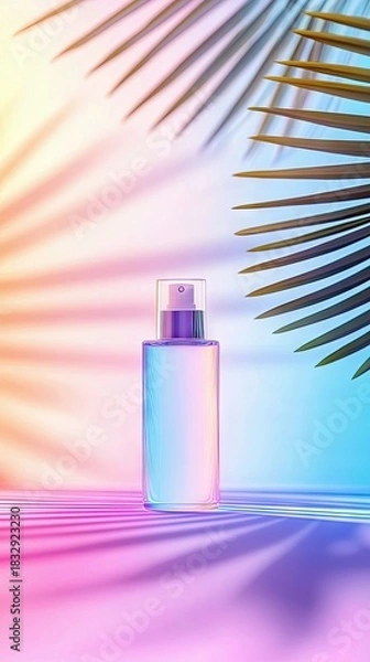 Fototapeta A cosmetic spray bottle is displayed with colorful lighting and palm leaf shadows. The scene has a vibrant, tropical feel.