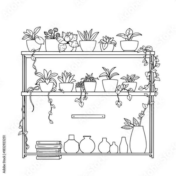Fototapeta Minimalist black-and-white line drawing of indoor shelves with clean lines and subtle shading, displaying an assortment of succulents with plump leaves, trailing vines with delicate curves, and leafy 