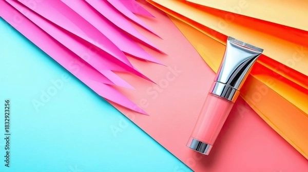 Fototapeta A cosmetic tube is placed on a colorful paper background. The composition features vibrant pink, orange, and blue hues, creating a modern and artistic aesthetic