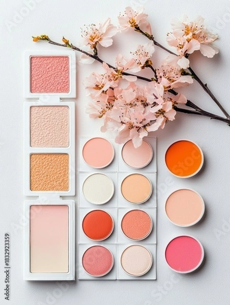 Fototapeta A top-down view of various cosmetics, including blush and eyeshadow, arranged with delicate blossoms on a white background, creating a visually appealing compos