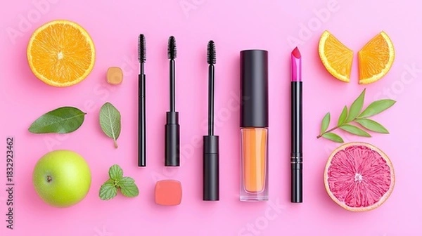 Fototapeta A flat lay composition featuring various cosmetics like mascara and lipstick, alongside fresh fruits and leaves, arranged on a vibrant pink background.