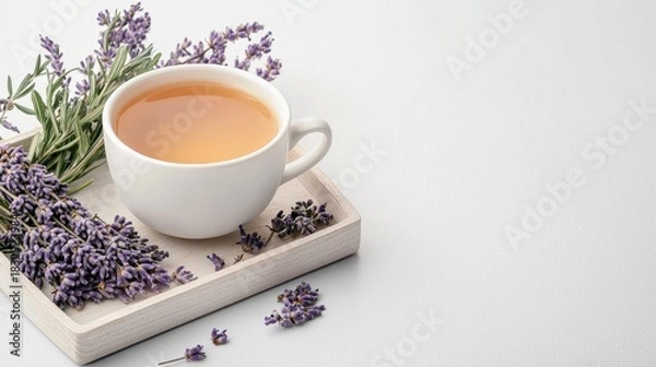 Fototapeta A white cup of tea sits on a wooden tray, surrounded by sprigs of lavender. The image evokes a sense of relaxation and tranquility.