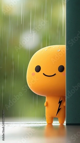 Fototapeta A cute cartoon character is peeking out from behind a wall in the rain. The character is yellow with a lightning bolt on its chest.