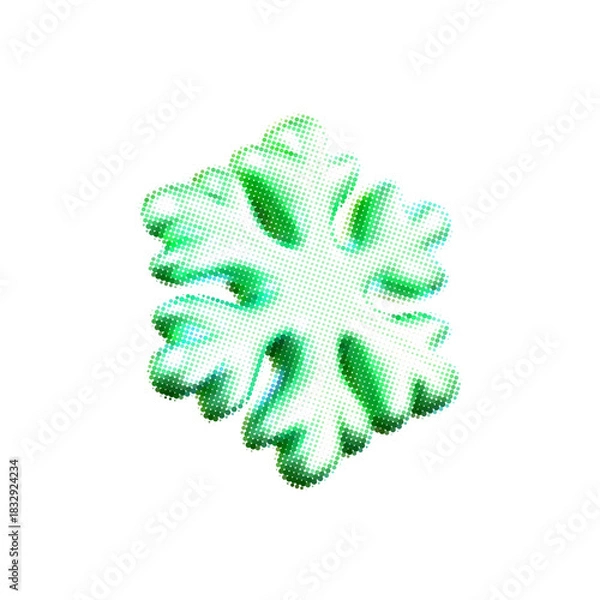 Fototapeta Green halftone snowflake with dotted texture in retro comic style. Neon winter grainy gradient snowflake isolated on white background. For Christmas, New Year design, UI, card, poster. 3D vector icon