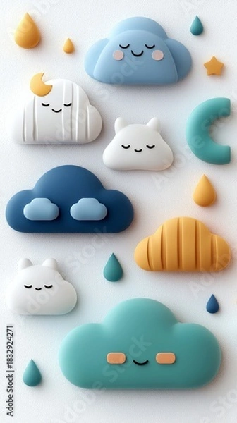 Fototapeta A whimsical illustration featuring cartoon clouds, raindrops, and a star on a white background. The clouds have smiling faces and are in various colors.