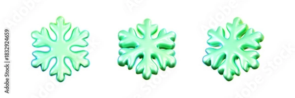 Fototapeta 3D green neon snowflakes with a holographic liquid effect, isolated on a dark background. Glossy green glass winter snowflakes for Christmas and New Year decors, UI, card, posters. 3D vector icon